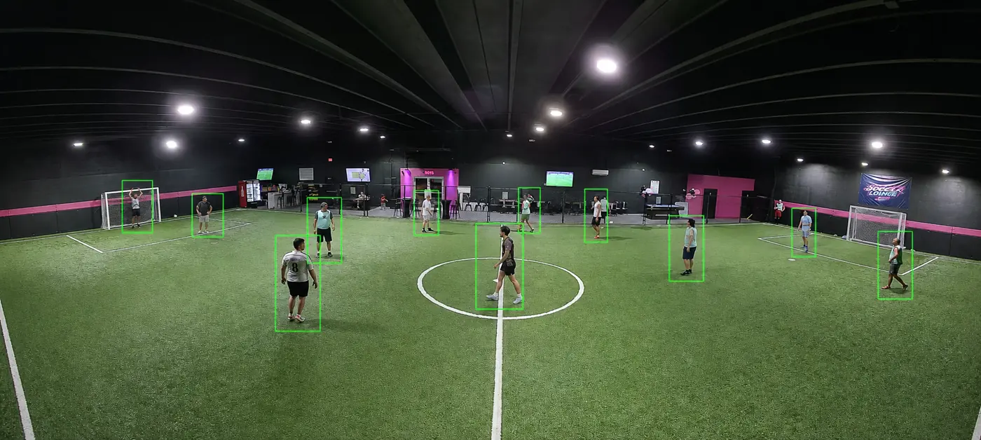 Indoor soccer field with the AI camera detecting every player